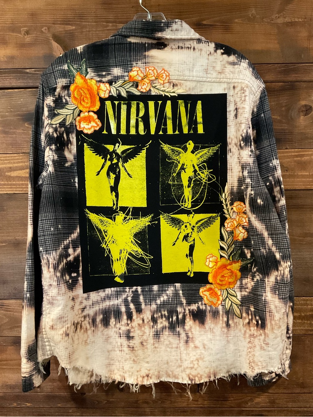 CUSTOM NIRVANA Distressed Plaid Flannel Shirt GOLD Embroidered Roses Large RARE